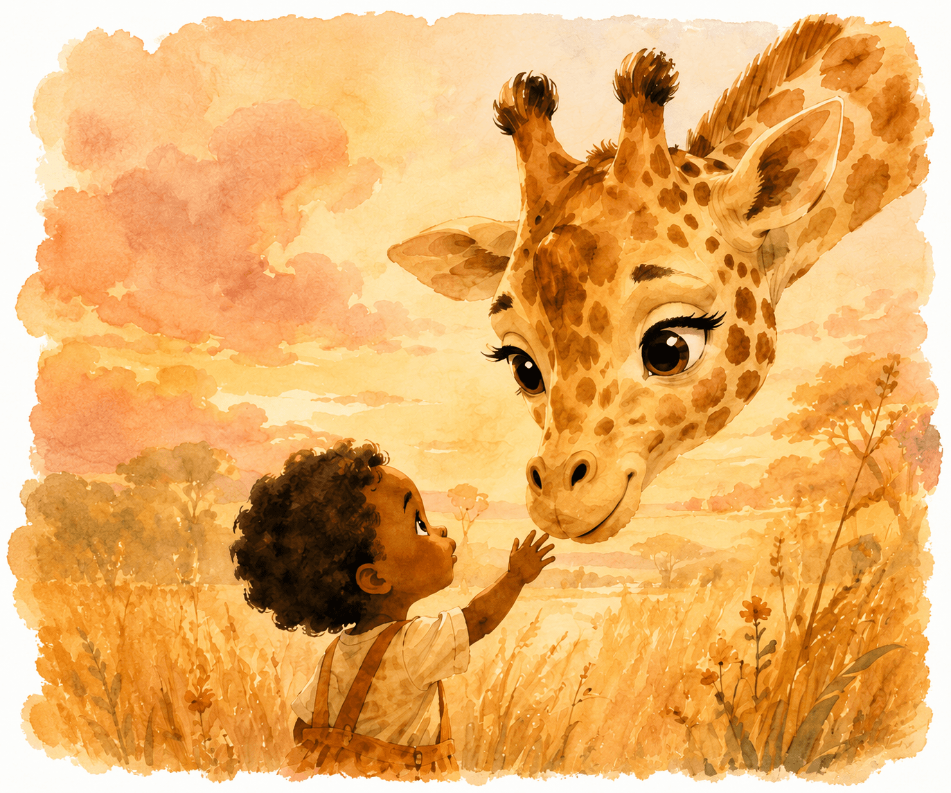 Watercolour of a toddler reaching up to touch the nose of a gentle giraffe in golden grass