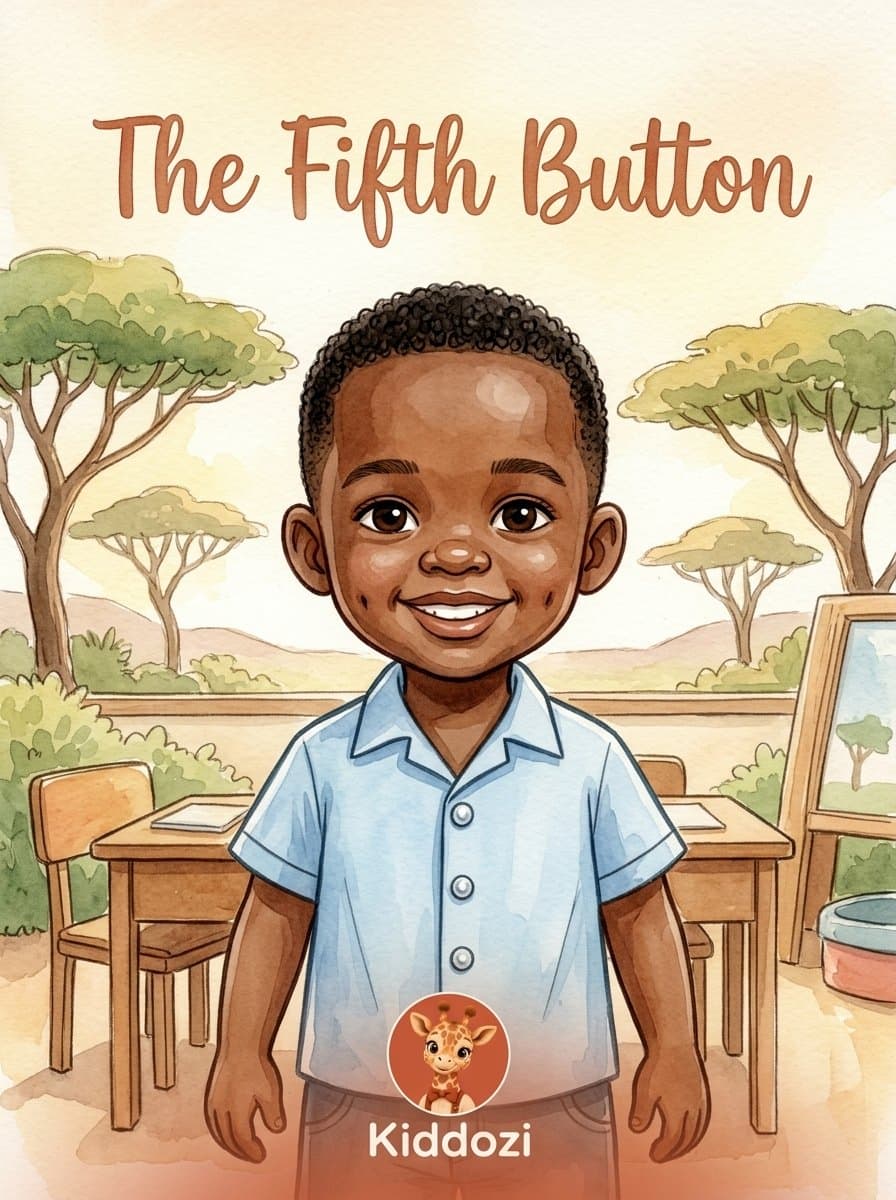 Cover of The Fifth Button: a smiling boy in a new light-blue school shirt stands in front of his classroom